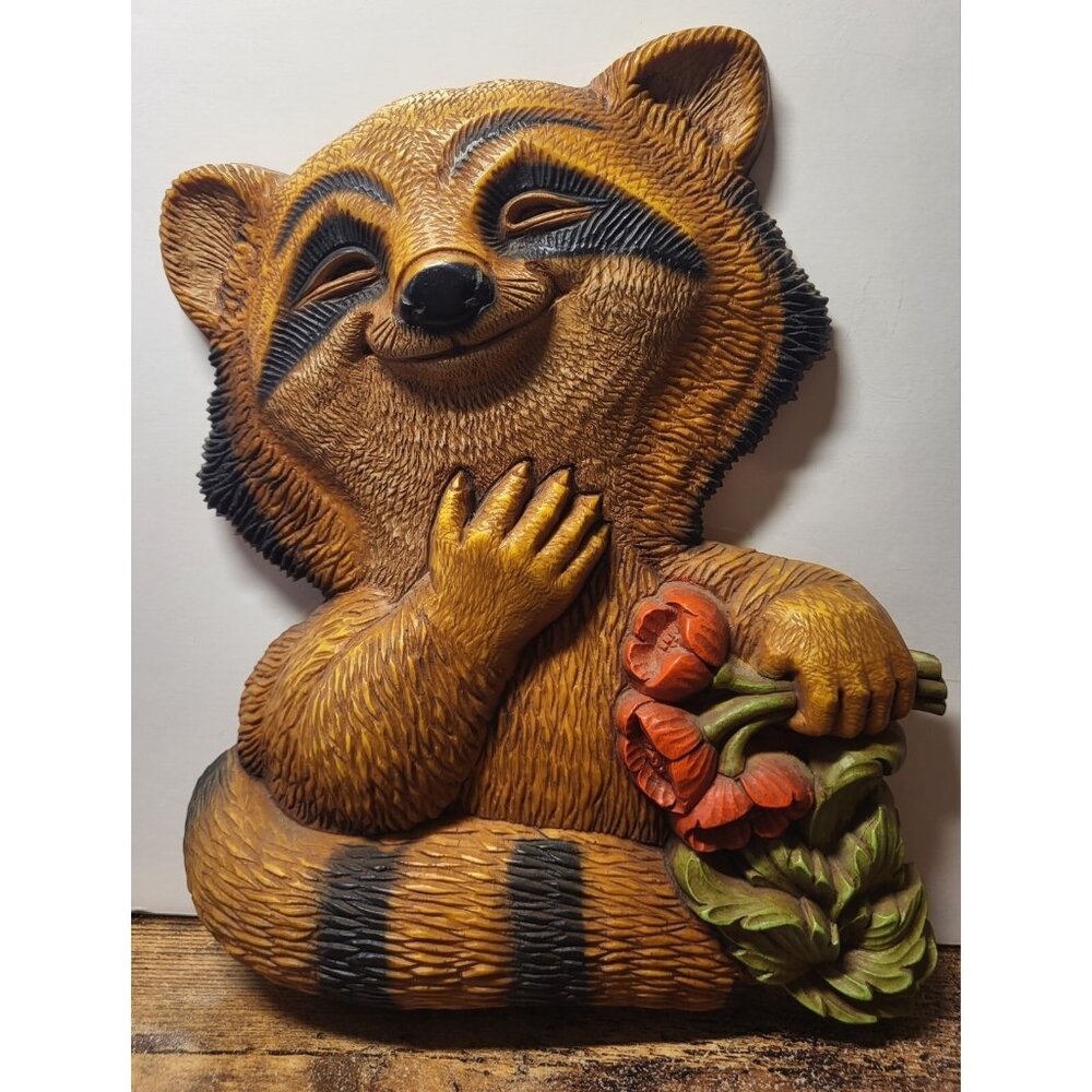 Mid 70s Homco/Dart Plastic Raccoon & Bear Kids Wall Hangings MCM Decor Animals